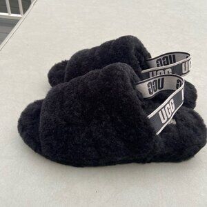 UGG Fluff Yeah Slide Slippers Black Logo Elastic Strap Plush Sandals - Woman's 8